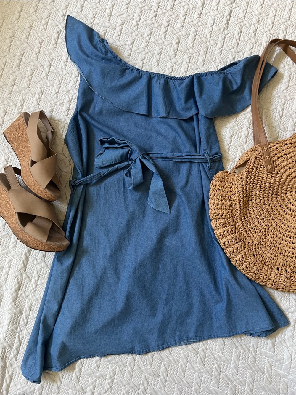 SHEIN Denim Blue One-Shoulder Belted Denim style Dress 2x